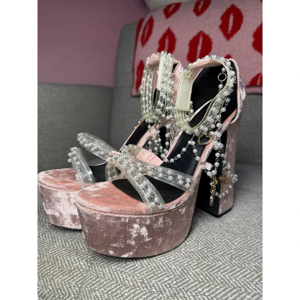 Pink Velvet Pearl Chain Platform Sandals Cross Heart Charms Coquette 8M ST18-992